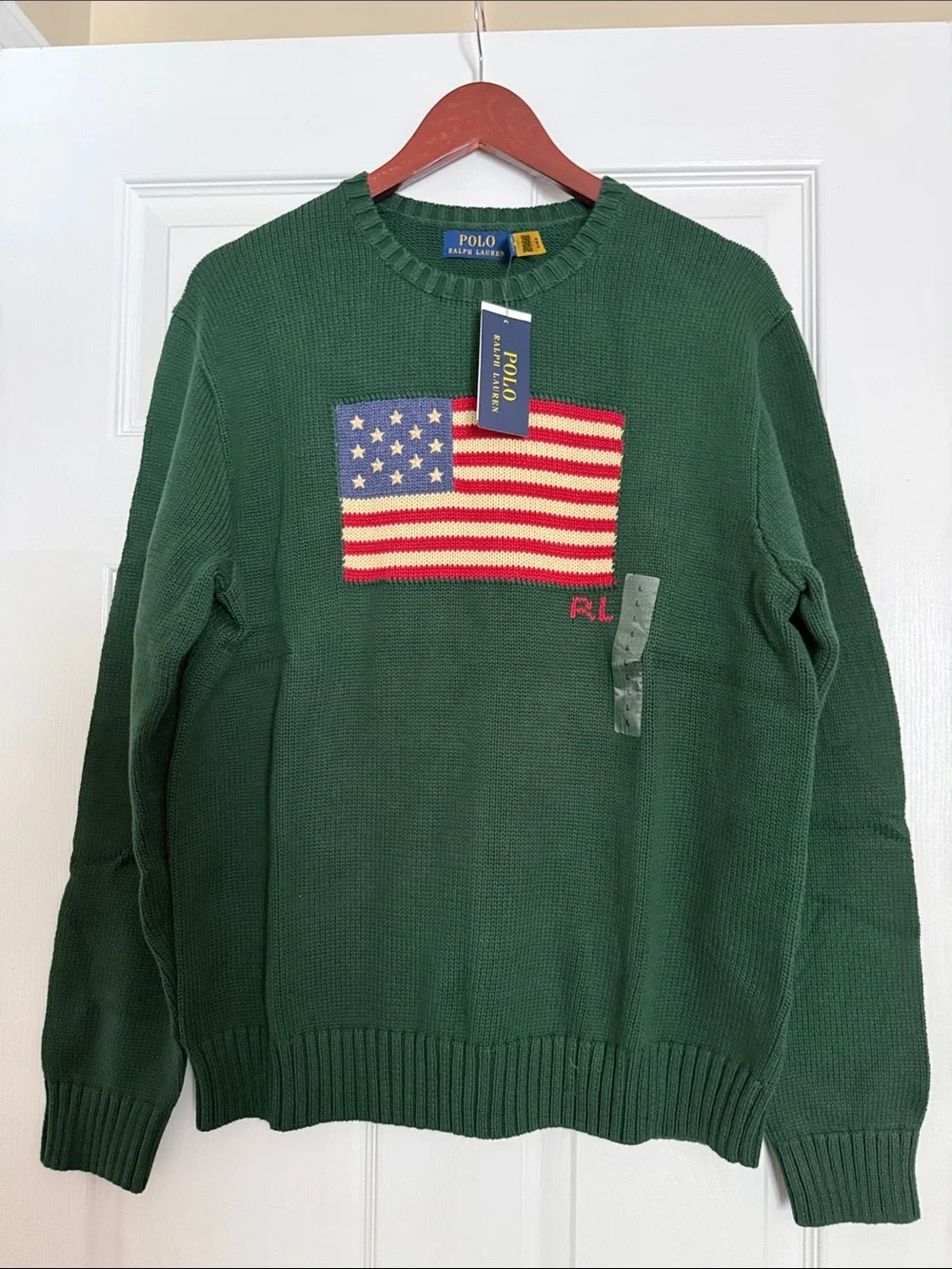 Polo by Ralph Lauren Dark Green Crewneck Sweater with American Flag